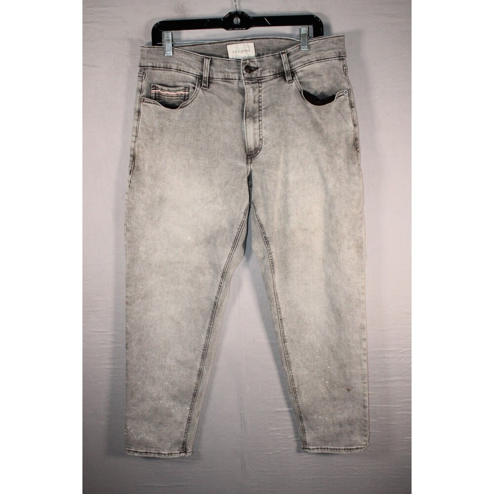 Sun + Stone Mens 32x26 Grey Acid Wash Stretch Slim Straight Denim Jeans
